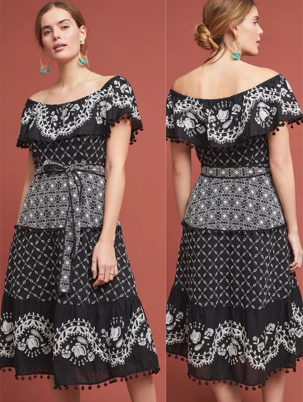 Anthropologie Dress Womens 8 Black Marisol Embroidered Midi Tired Boho Chic